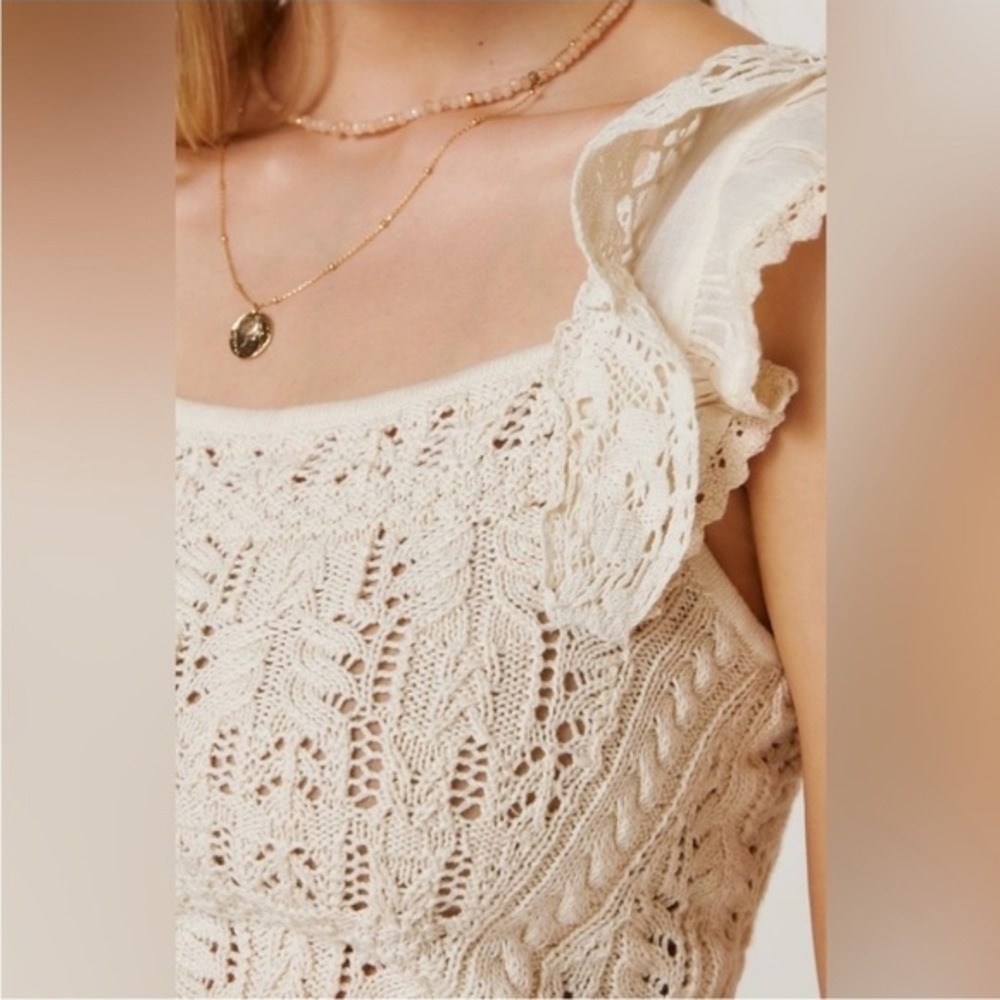 Anthropologie Ruffled Garden Sweater Tank Top Ivory Knit Lace Trim NWT Large - Picture 3 of 11
